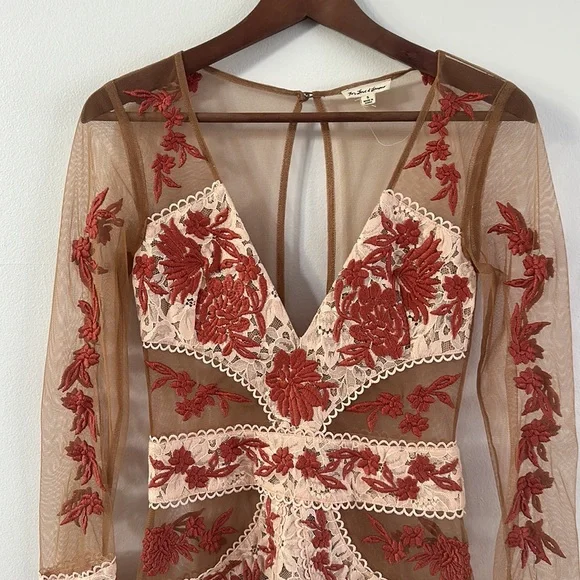 For Love And Lemons Long Sleeve Dress in Cream and Red - Picture 4 of 9